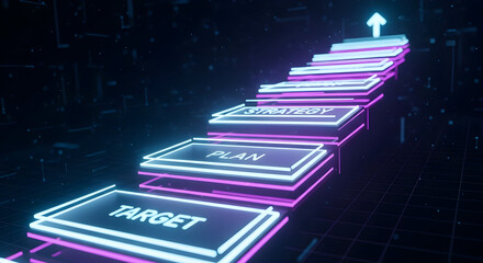 Neon-lit steps represent a journey to success, each level marked 'Target', 'Plan', and 'Strategy', culminating in an upward arrow.  Visualizes strategic planning and goal achievement.