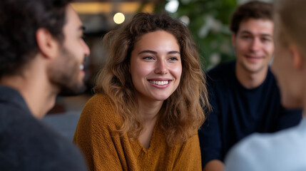 Fototapeta premium A group of therapy participants engaged in a discussion passing around a speaking ball warm expressions and collaborative gestures cozy indoor environment emphasizing safety and