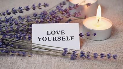 Love yourself card with lavender sprigs and candle