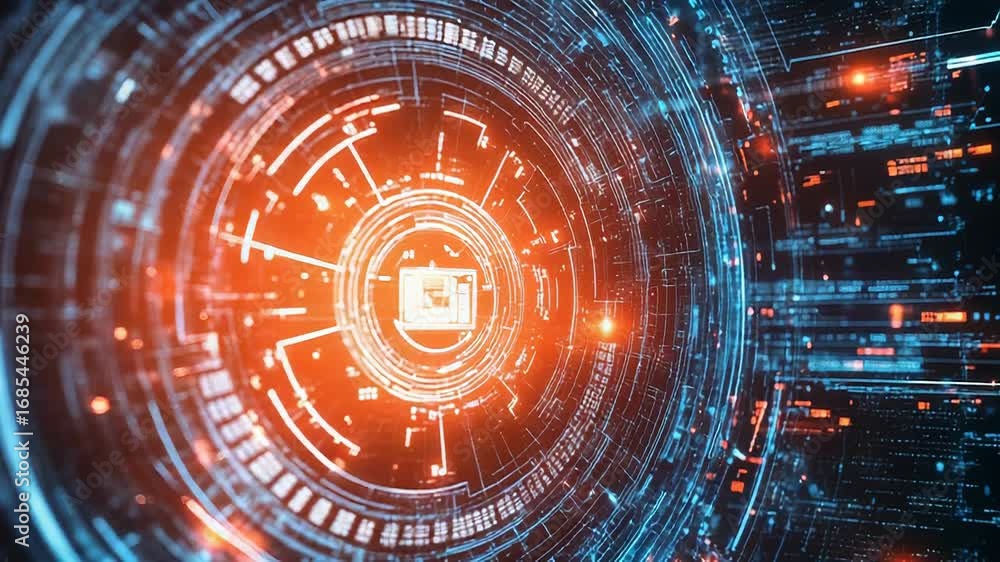 Poster futuristic technological tunnel rotating with digital information flowing