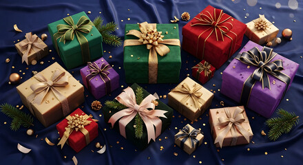 Elegantly wrapped presents in rich colors and textures adorn a dark blue satin backdrop, scattered with gold confetti and pine sprigs. A luxurious Christmas gift scene.