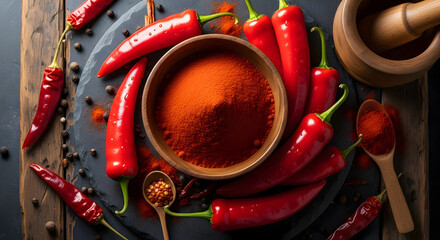 A captivating overhead shot showcases a bowl of vibrant paprika powder surrounded by glistening red chili peppers, peppercorns, and wooden spoons.  The scene is rich with texture and color.