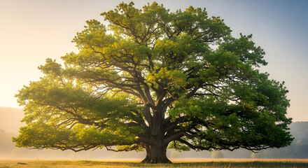 A solitary, ancient oak tree stands majestically in a sunlit field, its branches reaching towards a hazy dawn sky.  The scene evokes peace and serenity.