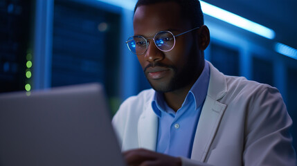 An engineer in a glowing server room testing systems on a laptop wires and blinking lights surrounding them professional attire reflecting blue tones of LED panels atmosphere