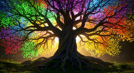 A vibrant, digitally rendered tree displays leaves in every color of the rainbow, its massive roots grounded in a lush, sunlit clearing.  The image evokes fantasy and wonder.