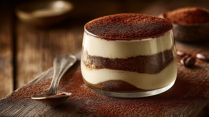 Tiramisu in glass container with cocoa dusting, spoon beside