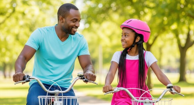 A father and daughter riding bicycles in a park.