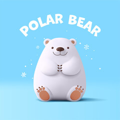 Funny polar bear sitting, 3D, snow, cold, winter. For concepts of wildlife, life in the cold, winter holidays, children's entertainment. Vector illustration.