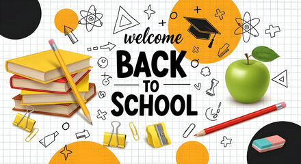 A vibrant back-to-school image featuring books, pencils, an apple, and playful doodles on notebook paper.  It's a cheerful welcome to the new academic year.
