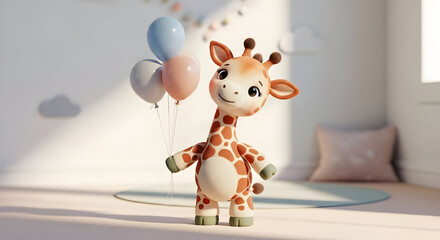 A charming 3D-rendered baby giraffe stands in a sunlit nursery, happily holding pastel-colored balloons.  The scene is serene and evokes feelings of joy and innocence.
