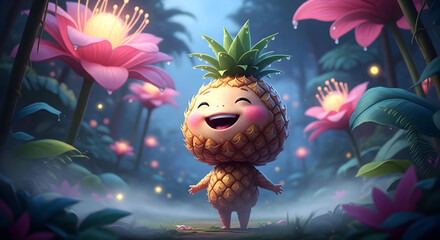 A cheerful, pineapple-like creature stands amidst glowing pink flowers and fireflies in a lush, mystical forest. Dewdrops adorn the scene, adding to its enchanting atmosphere.