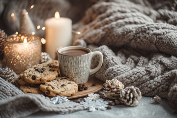 Fototapeta premium Cozy Coffee Setting. Candles and Warm Knit Blanket for Comfort. Winter still life. White ceramic cup, candlelight. Hot beverage, cookies on a table. Christmas home. Woolen knitted sweater, burn candle