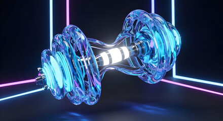 A 3D rendering showcases a futuristic glass dumbbell, illuminated by vibrant neon lights. Its swirling, translucent design contrasts sharply with the sleek metal accents, creating a striking visual.
