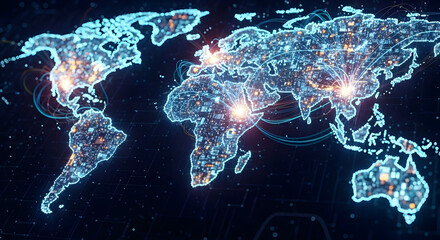 A stylized digital map of the world showcases interconnected global networks, vibrant nodes representing major hubs, and glowing lines illustrating data flow.