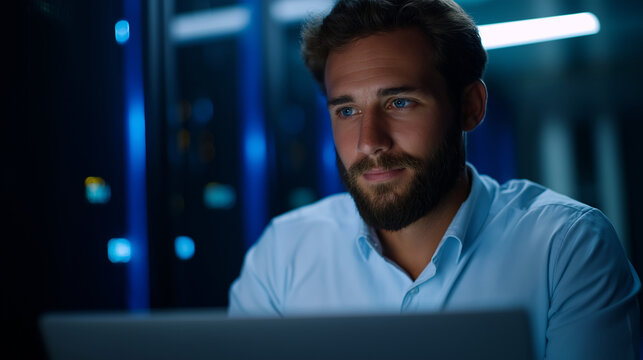 An engineer in a glowing server room testing systems on a laptop wires and blinking lights surrounding them professional attire reflecting blue tones of LED panels atmosphere - Powered by Adobe