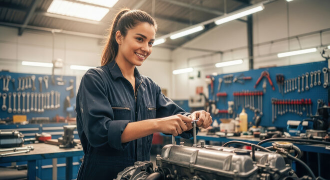 A young woman in a blue coverall working on an engine in a workshop. - Powered by Adobe