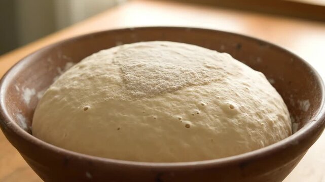 Dough Rising in Bowl on Kitchen Table During the Day After Kneading, Baking Bread, Making Pizza