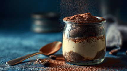 Tiramisu in glass container with cocoa dusting, spoon beside