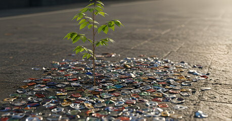 New Life Amidst Trash: A Sapling Grows Through Recycled Can Tabs on Asphalt