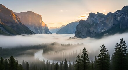 Misty yosemite valley sunrise with el capitan and half dome emerging through fog