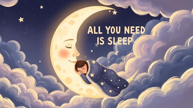 Dreamy night sky animation with sleeping child and crescent moon in cloudy heaven