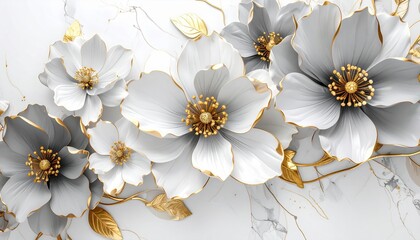Elegant white and gray flowers with golden accents on marble background