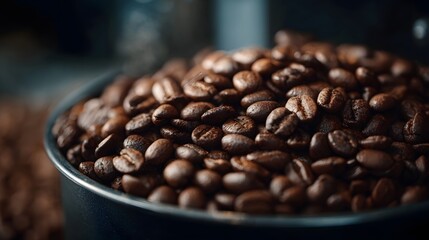 Fototapeta premium A close up view of dark roasted coffee beans showcasing their rich texture and deep brown color ready for grinding into a fresh aromatic beverage