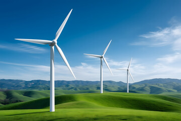 Fototapeta premium Panoramic View of Wind Farm with High Wind Turbines Generating Electricity in Green Landscape