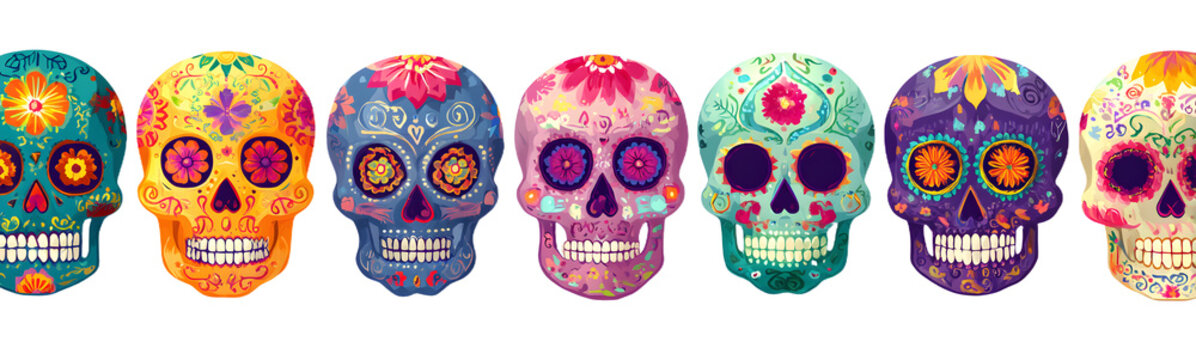 Mexican skulls set. Dia de los muertos shugar colorfl heads on transparent bacground