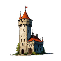 Fototapeta premium Vector art of medieval stone castle with red tiled roofs and a tall tower