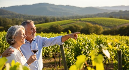 An elderly couple enjoying a glass of wine in a picturesque vineyard setting.
