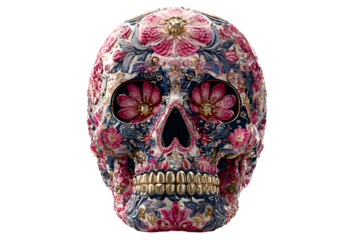 Generative AI Calavera sugar skull 3D computer-generted image made to look hyprrealistic in a unique artstic style, isolated, florl skull for dia de los muetos.