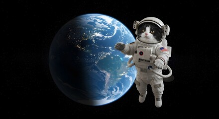 Naklejka premium Photo of a cat floating in space wearing an astronaut suit, with the earth in the background