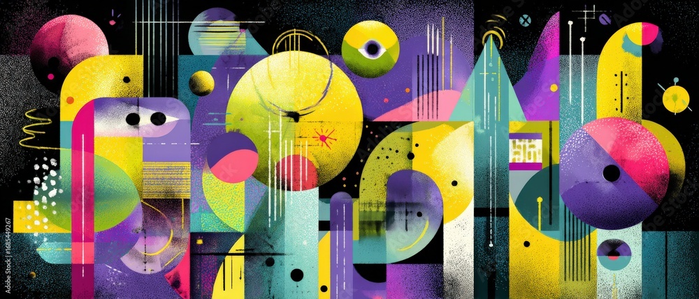 Aufkleber vibrant abstract geometric art featuring circles, triangles, and lines in a retrofuturistic style co