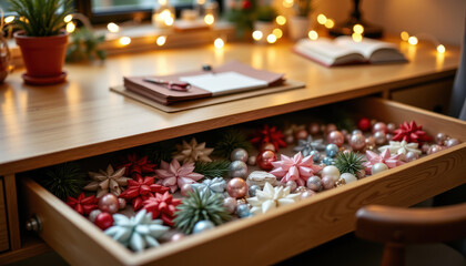 Christmas office desk with decorations in cozy workspace drawer filled with colorful baubles and festive ornaments creating warm holiday atmosphere