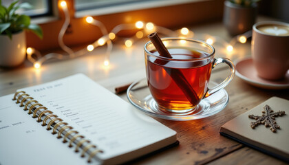 Christmas office desk with decorations features cozy cup of tea with cinnamon on wooden surface near planner and festive lights creating warm and inviting atmosphere