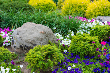 Bright flowers and lush greens. A vibrant garden showcases various flowers and greenery with a...