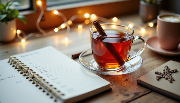 Christmas office desk with decorations features cozy cup of tea with cinnamon on wooden surface near planner and festive lights creating warm and inviting atmosphere