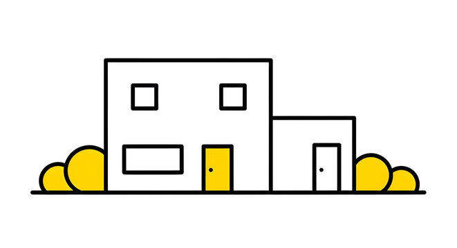 Stylized residence illustration depicting minimalistic design and yellow shrubbery accentuation
