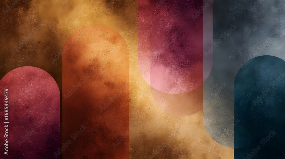Poster abstract background features retro inspired rounded shapes in a vibrant textured color palette creat