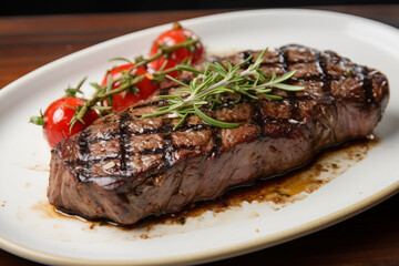 Grilled steak on a white plate