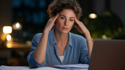 Fototapeta premium A stressed female freelancer sitting at a desk with a laptop holding her head in her hands documents scattered around dim evening light from a lamp creating intensity