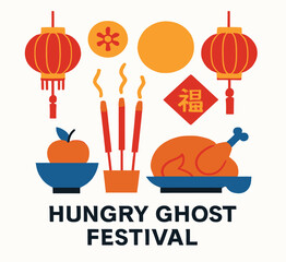 Hungry Ghost Festival Flat Vector Illustration with Chinese Cultural Elements