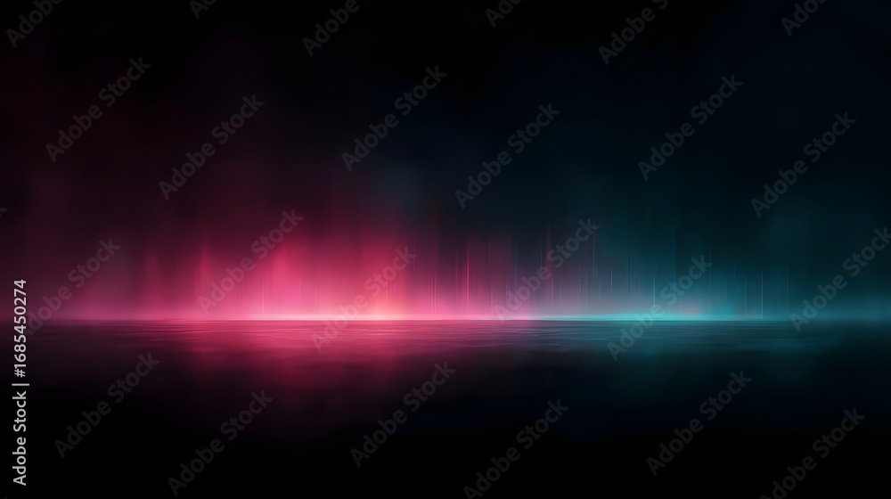 Poster futuristic neon inspired backdrop with vibrant pink and cyan glowing gradient light on a dark reflec