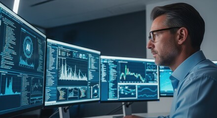 A man wearing glasses sits at a desk in a dark office with multiple computer monitors displaying data and charts.