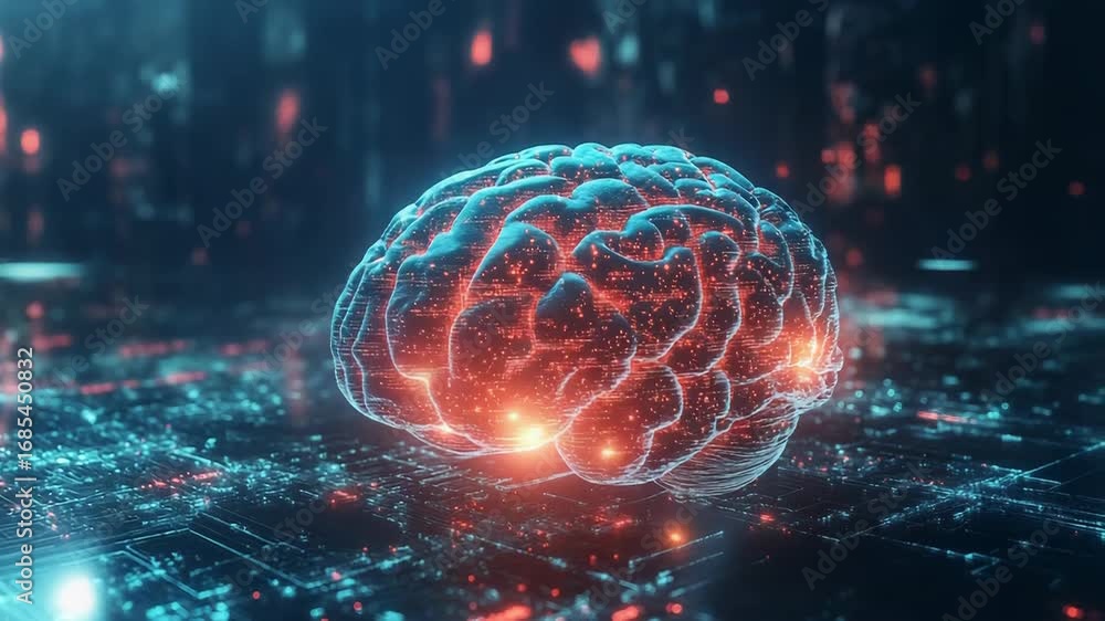 Poster artificial intelligence processing data as a digital brain floating over a motherboard