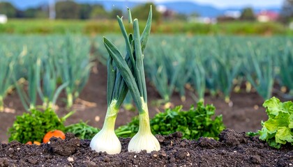 Two onions growing in a field with other vegetables