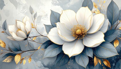 Elegant White Magnolias with Golden Accents on Textured Gray-Blue Background