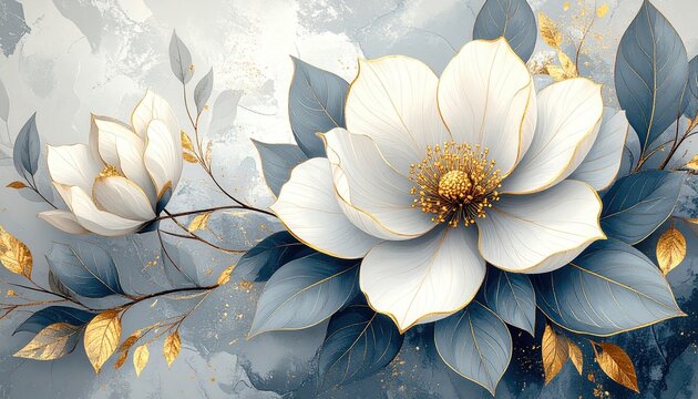 Fototapeta Elegant White Magnolias with Golden Accents on Textured Gray-Blue Background