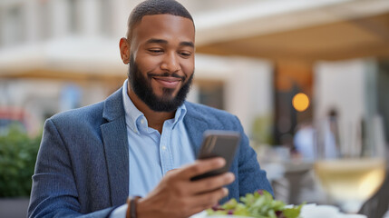 A business traveler enjoying a meal outdoors while browsing social media on a phone casual smart outfit with modern accessories dynamic urban background blurred to highlight the
